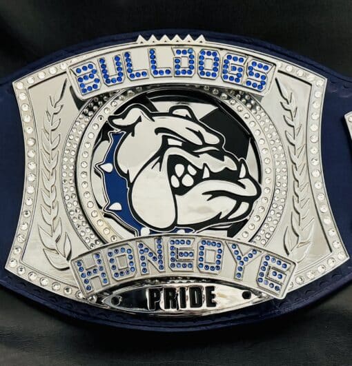 Custom Player of the Game belt with Bulldog logo for Honeoye