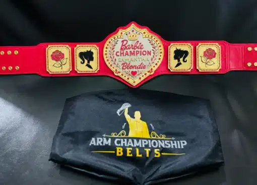 Pink leather championship belt designed as a birthday gift for women with custom engraving