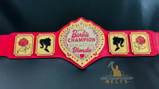 Gold-plated Barbie queen belt with custom nameplate and silhouette side plates for her birthday