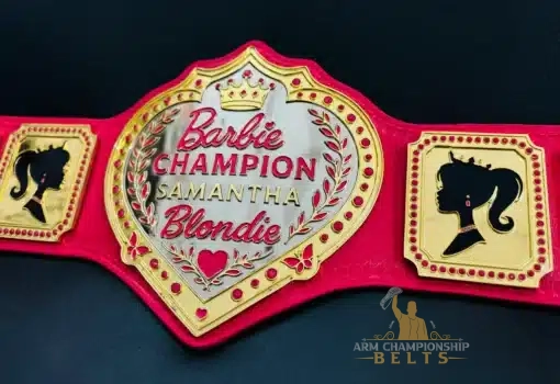Feminine custom championship belt with heart plate and side silhouettes in Barbie style