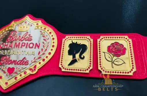 Birthday celebration belt with Barbie-themed design and personalized gold engraving