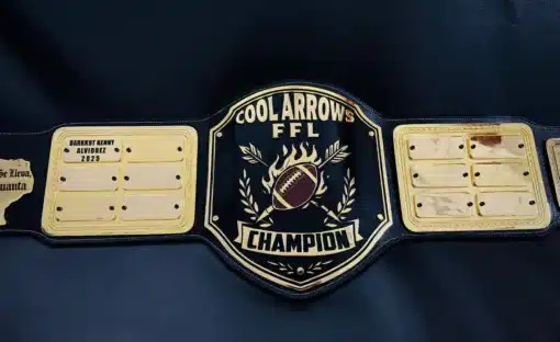 Custom fantasy football belt with gold engraving and side plates