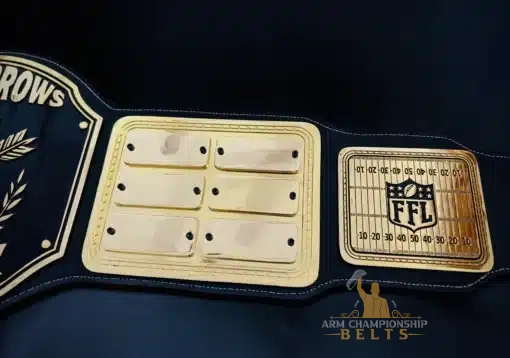 FFL belt showing custom league logos and name tags