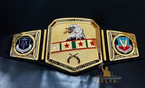Full view of U.S. Air Force custom belt with unit logos and gem-studded side plates