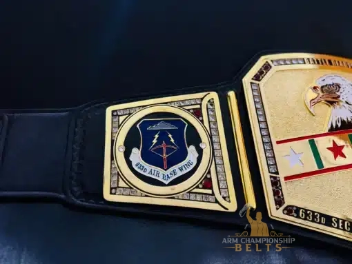 Right side plate with 633d Air Base Wing emblem on custom engraved belt