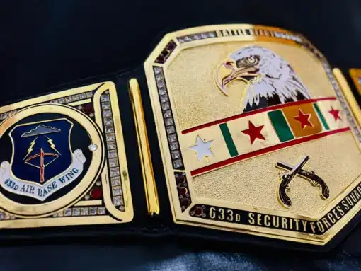 Left angle showing nugget texture and layered detailing of military belt