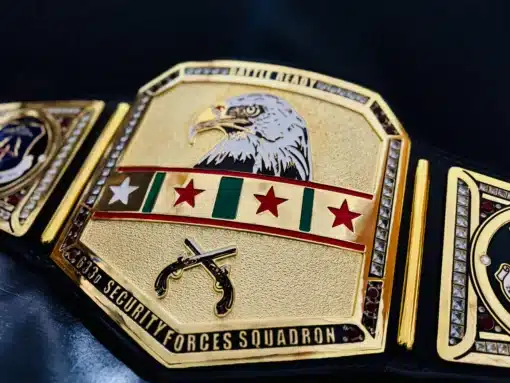 6mm thick custom engraved eagle plate with USAF colors and Battle Ready text