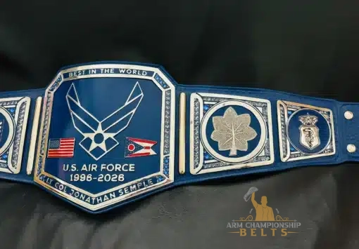 Gem-studded edge and chrome finish on custom Air Force belt