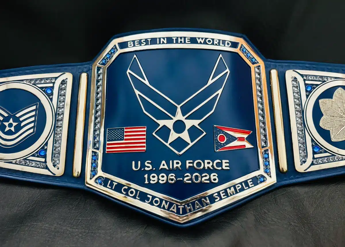 U.S. Air Force retirement belts with chrome-plated HD engraved plates, personalized rank, dates, and insignias.