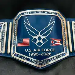 U.S. Air Force retirement belts with chrome-plated HD engraved plates, personalized rank, dates, and insignias.