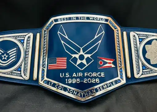 U.S. Air Force retirement belts with chrome-plated HD engraved plates, personalized rank, dates, and insignias.