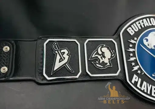 Engraved side plates featuring Buffalo Sabres logos on custom belt
