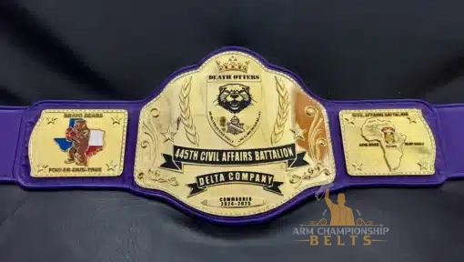 Full front view of military custom award belt with Delta Company, Death Otters, Bravo Bears, and Africa side plates