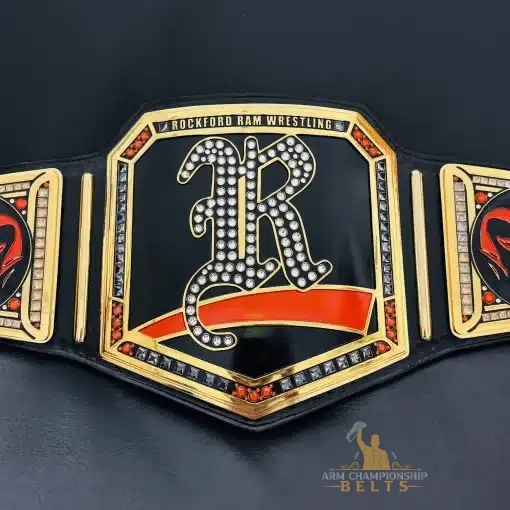 Center plate of Rockford Ram Wrestling belt with crystal “R” logo