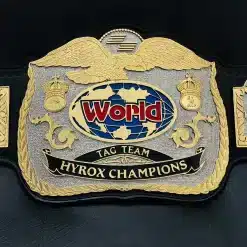 Custom Hyrox-style Tag Team World Fitness Championship Belt – Front view showing premium gold plates