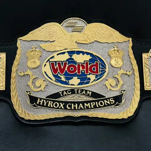Custom Hyrox-style Tag Team World Fitness Championship Belt – Front view showing premium gold plates
