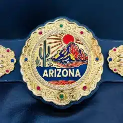 Full front view of the Arizona Sunset Champion Belt – custom corporate recognition award with desert theme and premium gold plating.
