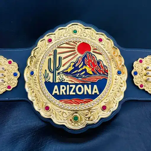 Full front view of the Arizona Sunset Champion Belt – custom corporate recognition award with desert theme and premium gold plating.