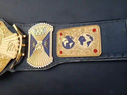 Personalized side plates on wrestling belt – company logo, text, and iconography
