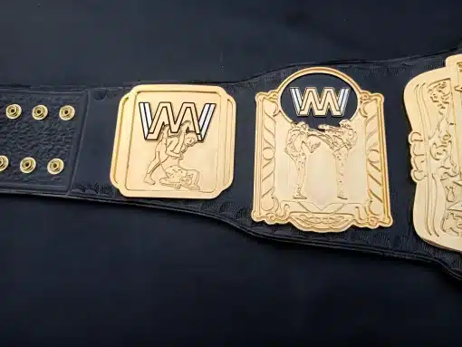 Example of custom logo placement on wrestling belt side plate