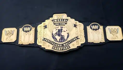 Professional tag team wrestling belt with global theme and double eagle wings engraved in gold