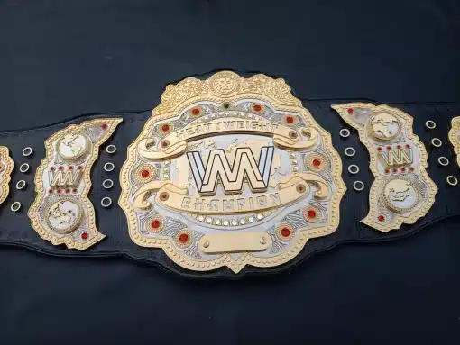 Premium heavyweight championship belt with removable nameplate and detailed artwork for gyms or events
