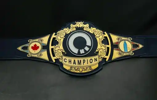 Corporate award belt with “ONE” spinner, custom side plates, gold finish