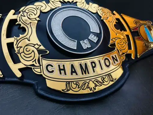 Premium gold-plated custom belt with spinner and logo plates for awards