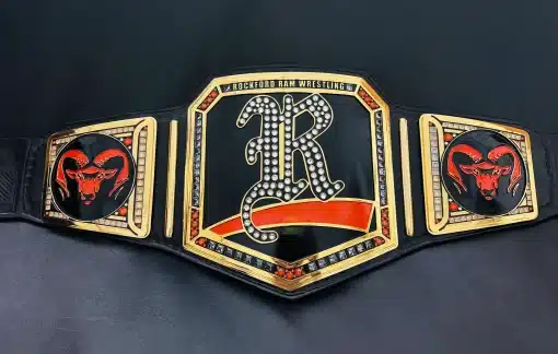 Full view of Rockford custom championship belt with dual side plates