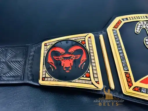 Detailed side plate of red ram head on black & gold plate