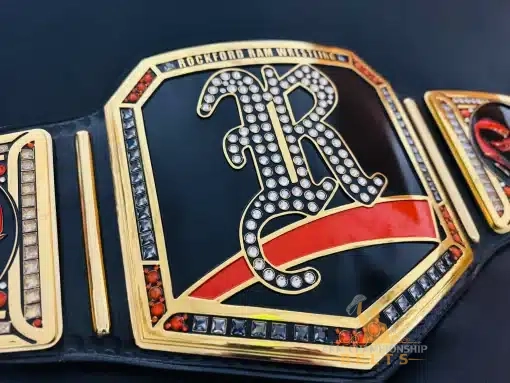 Shiny gold-plated wrestling belt with HD engraving and gems