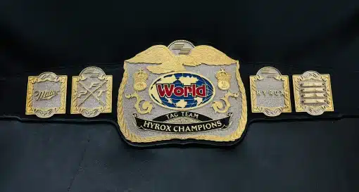 Personalized logo detail on custom world fitness championship belt for gyms and events
