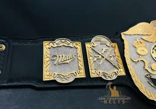 Close-up of personalized side plates on Hyrox Tag Team Fitness Belt with gym logos