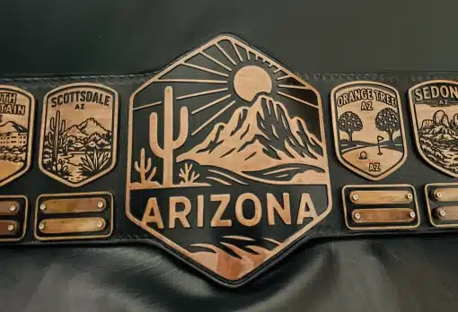 Custom golf championship belt with Arizona location plates