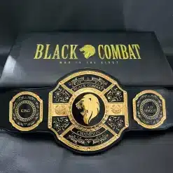 Front view of the Combat Championship Belt with black leather strap and gold HD engraving