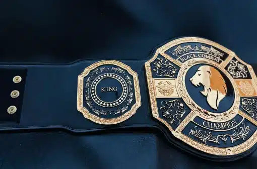 Close-up of the side plates on the black Combat Belt with deep engraved gold designs