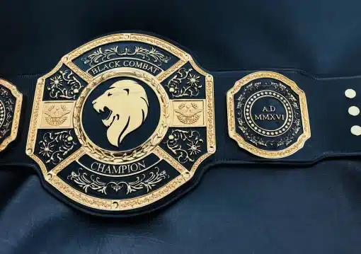 Black Combat King Belt – Close-Up of Main Plate HD Engraving