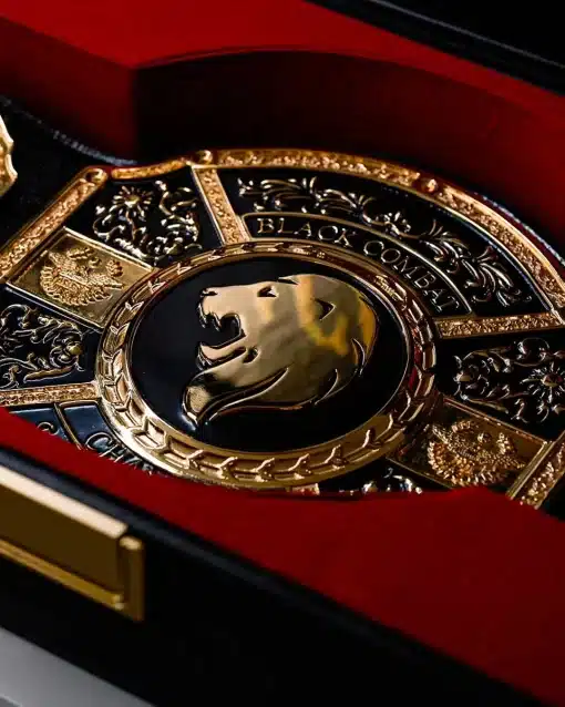 Custom MMA championship belt with black and gold plates, premium engraving, and luxury combat-style design