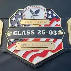Close-up of class number and service text engraved on postal service recognition championship belt