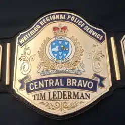 Custom police award championship belt displaying official department insignia and crest