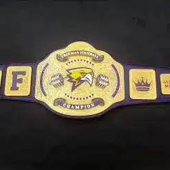 Freeman High School football championship belt with gold plates and blue leather strap
