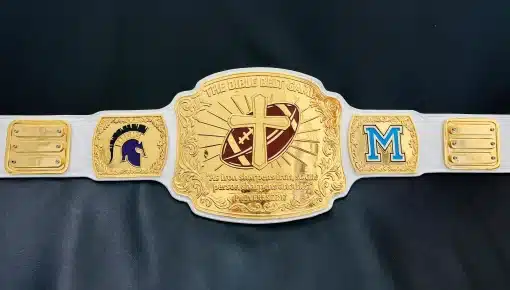 Faith based fantasy football championship belt with deep HD engraved gold plates and genuine leather strap