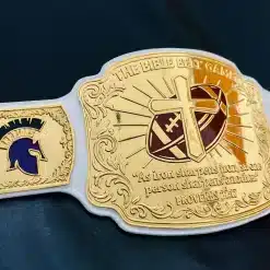 Custom league championship belt made with genuine leather strap and 5mm thick deep HD engraved plates