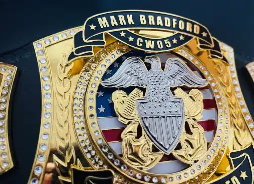 Close-up of spinner center plate on US Navy championship belt featuring American flag design, raised eagle emblem, and crystal border.