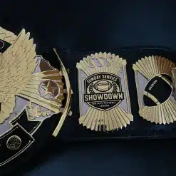 Side view of custom fantasy football championship belt showing detailed plate depth, chrome accents, and genuine leather strap.