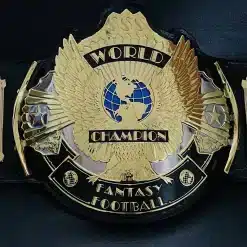Detailed close-up of HD engraved fantasy football championship belt plate with sharp engraving and premium gold finish.