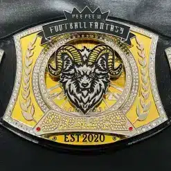 fantasy football trophy belt with spinner center plate, 5mm deep HD engraved zinc plates, and gold chrome finish.