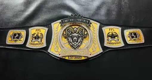 Close-up of spinner center plate on fantasy football trophy belt with deep engraving and gold plated finish.