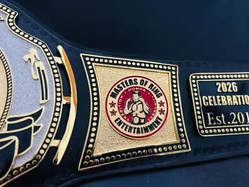 Side view of custom corporate anniversary championship belt with gold HD engraved plates and fully customized branding.