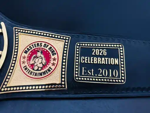 establishment details on custom brand celebration championship belt.